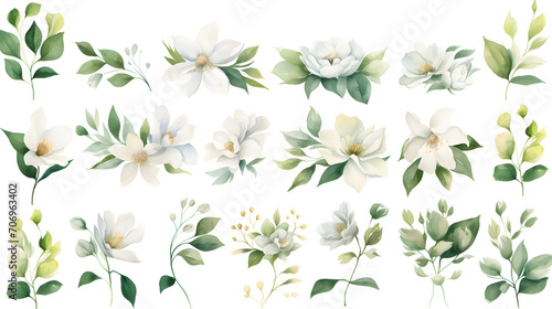 Watercolor drawing  set of white flowers and green eucalyptus leaves