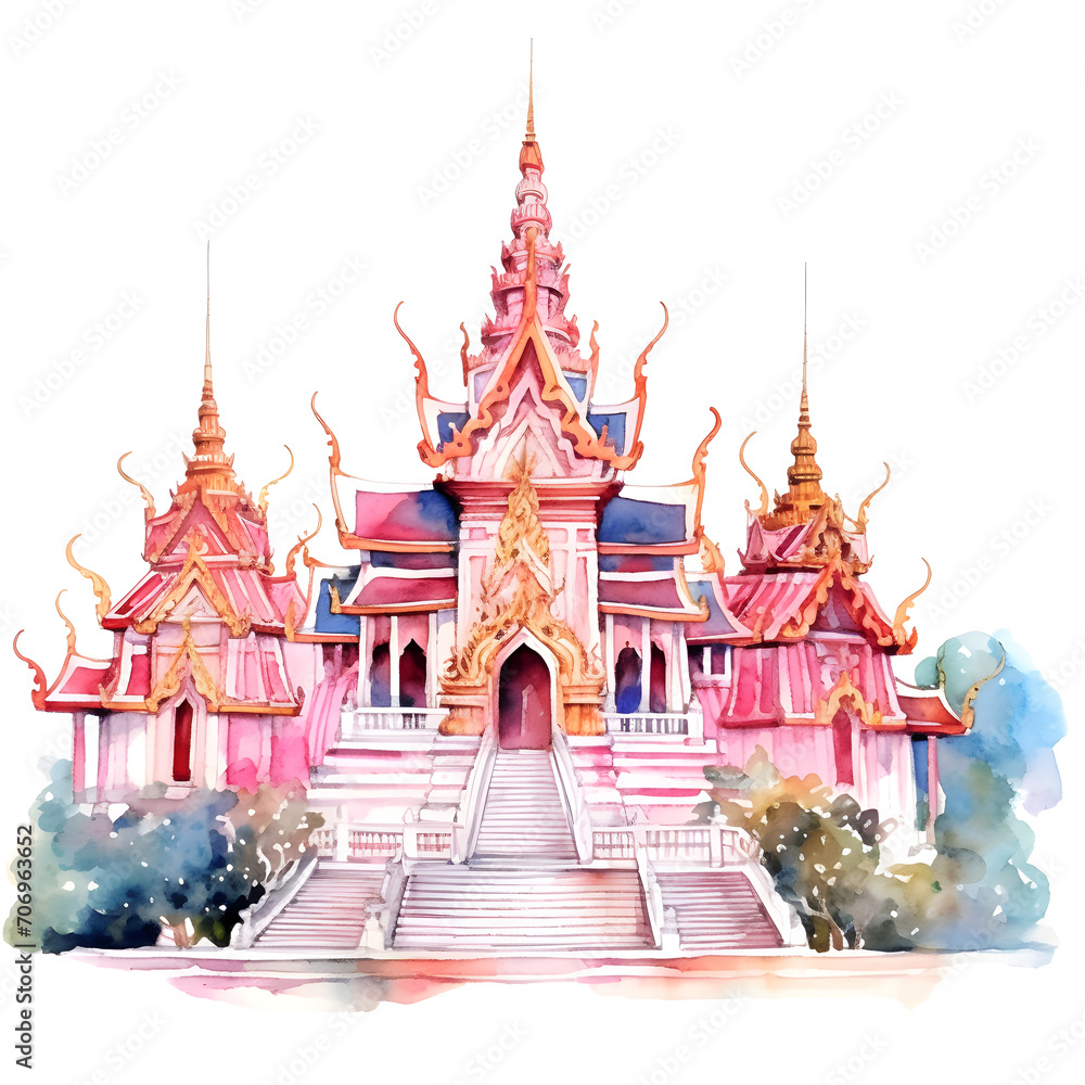 Watercolor Painting of Abstract Thailand Temple in Asia. Vibrant and Pastel color. Tranquil Serenity, Spiritual Journey, Ancient Thai Temple, Travel Through Asia with a Beautiful picture.