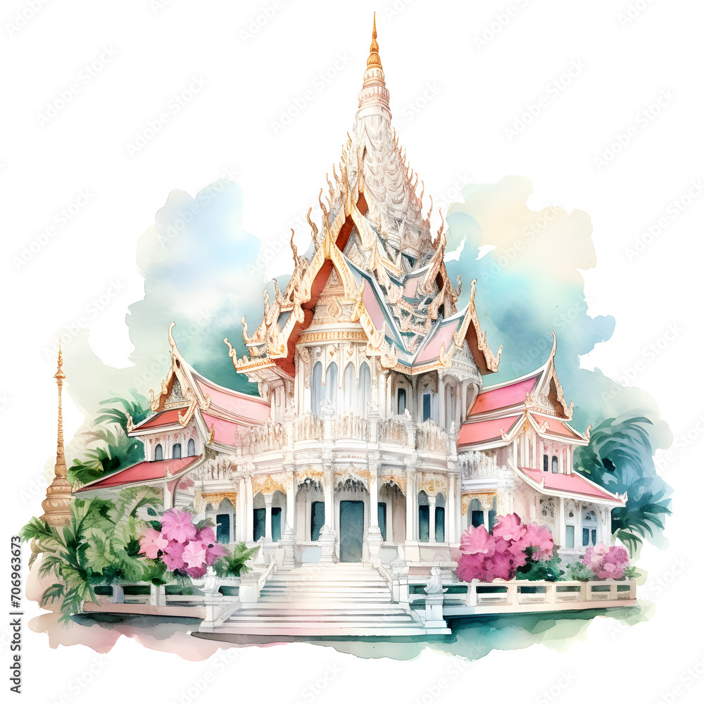 Fototapeta premium Watercolor Painting of Abstract Thailand Temple in Asia. Vibrant and Pastel color. Tranquil Serenity, Spiritual Journey, Ancient Thai Temple, Travel Through Asia with a Beautiful picture.