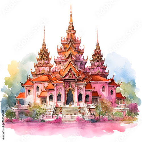 Watercolor Painting of Abstract Thailand Temple in Asia. Vibrant and Pastel color. Tranquil Serenity, Spiritual Journey, Ancient Thai Temple, Travel Through Asia with a Beautiful picture.