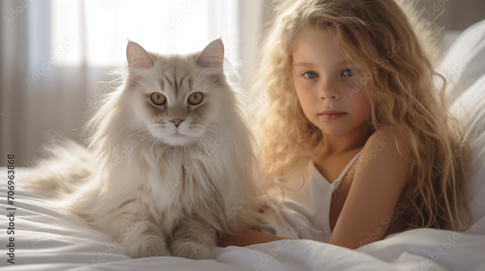 Close up of a little caucaasian pretty girl with a fluffy beautiful cat, lovely pet, frendship with pets. Indors home background.Cute little cat. Generative AI Close up of a little caucaasian pretty girl with a fluffy beautiful cat, lovely pet, frendship with pets. Indors home background.Cute little cat. Generative AI