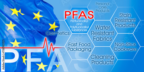 PFAS, PFOS and PFOA dangerous synthetic substances used in products and materials due to their enhanced water-resistant properties - concept with European flag photo