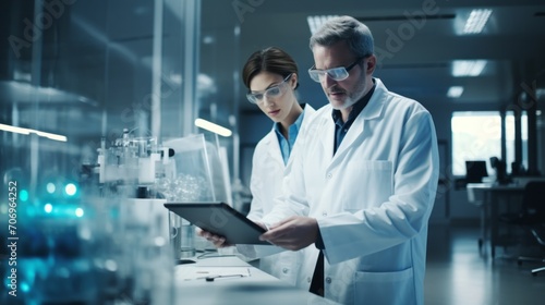 Two microbiologist scientists wearing glasses use a tablet in a modern medical research laboratory. Genetics, medicine, advanced technologies, pharmaceuticals concepts.