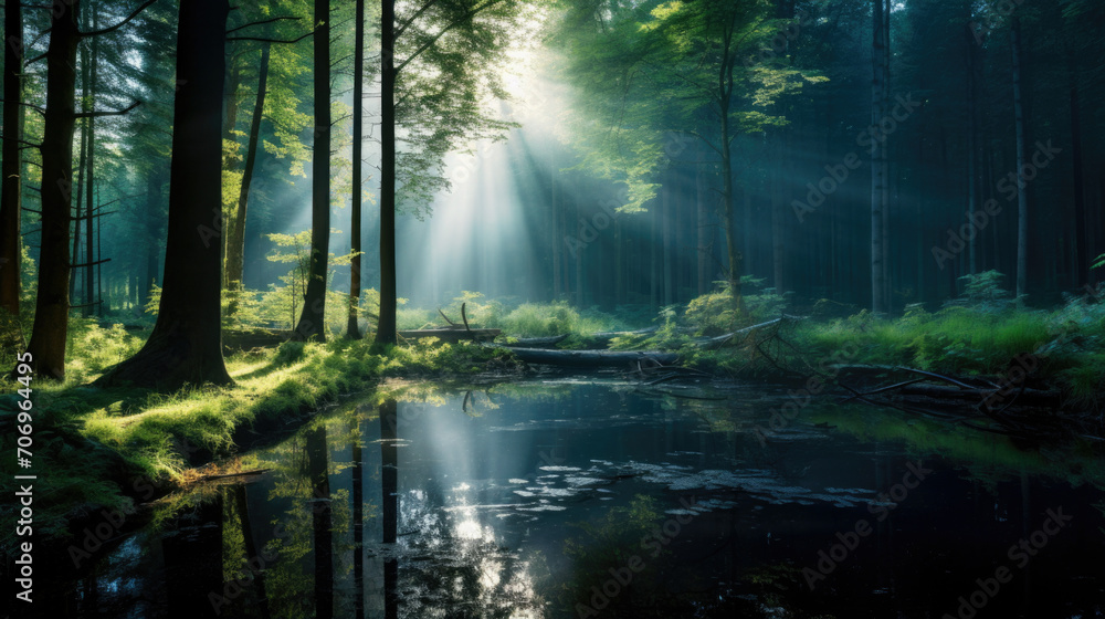 Obraz premium Spectacular morning sun light rays in the forest. Green forest during a beautiful summer warm day.