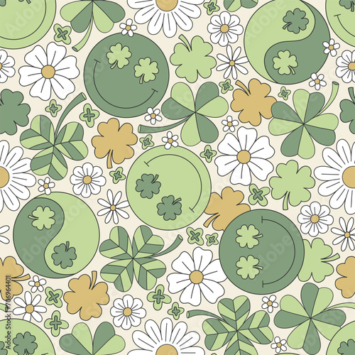 Hippie lucky four leaf shamrock clover smiley face yin yang St Patrick symbol vector seamless pattern. Retro Groovy Saint Patricks Day floral background.