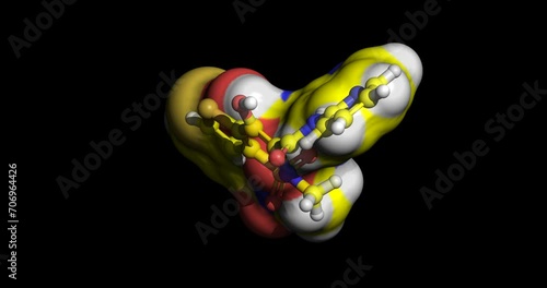 Tenoxicam, drug for treating mild to moderate pain and rheumatoid arthritis and osteoarthritis, 3D molecule spinning on Y-axis, 4K photo