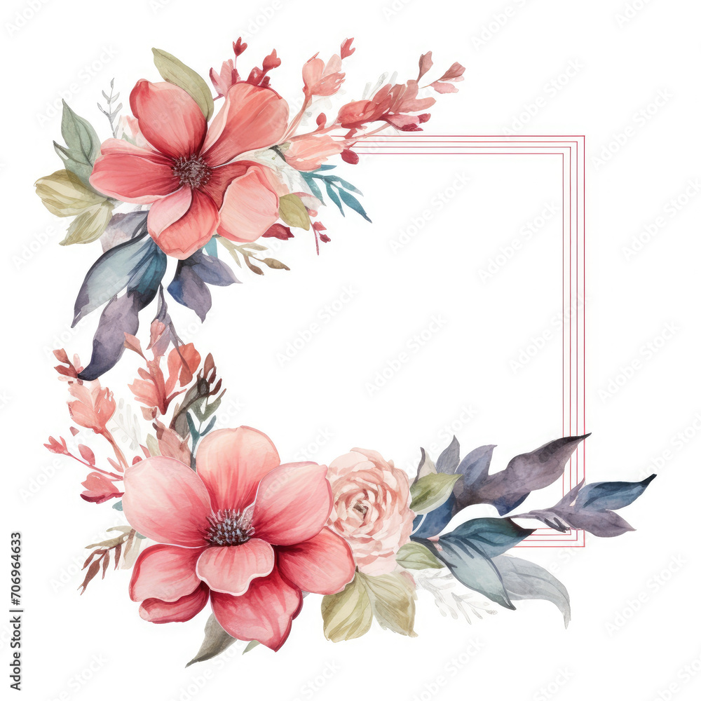 Watercolor floral frame on white background