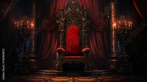 Dark fantasy throne with red curtains backgroundillu