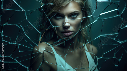 Woman looking through broken glass. Close up image. Calm woman face with opened eyes behind the texture of a broken glass