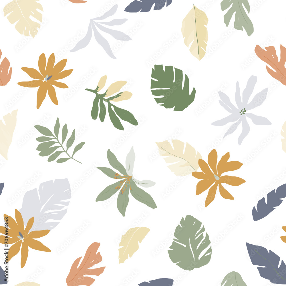 Beautiful vector tropical seamless pattern with hand drawn digital palm tree leaves and jungle flowers. Stock floral design for textile, gift wrapping and wallpapers.