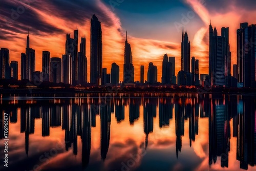 A surreal cityscape emerges as the sun sets behind a futuristic skyline, casting a stunning reflection on the calm waters of a vast, mirror-like lake