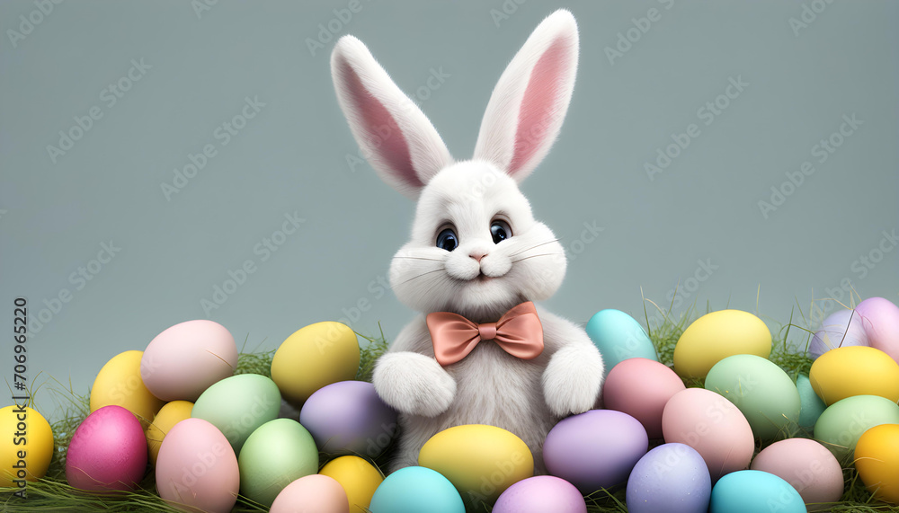 Obraz premium Cute Easter bunny with eggs and copy field