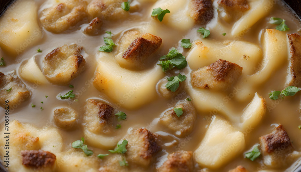 Healthier French onion soup with reduced fat and plain croutons, top view Healthier French onion soup with reduced fat and plain croutons, top view