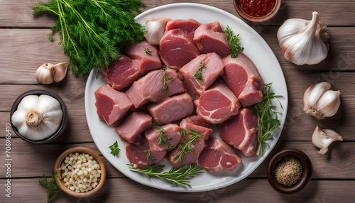 Top view of meat with garlic and herbs Healthy and balanced diet