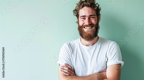 emotion expression. very happy joyful thrilled to bits man with beaming smile. young handsome bearded guy portrait on green background. photo