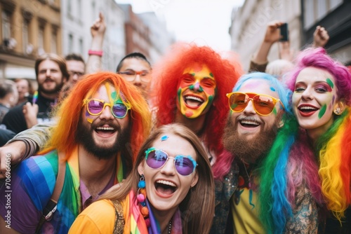 Diversity in Society concept. LGBT and LGBTQ rainbow in bright design. Rainbow flag for lgbtq community, freedom and smiles, pride parade. Group or young non-binary people, gay, trans and queer.