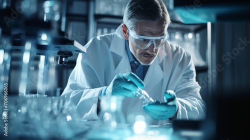 Scientist examining medical sample in modern laboratory. Biotechnology, Pharmaceuticals, Microbiology, Chemistry, Biology, Healthcare, Pandemic, Medicine concepts.