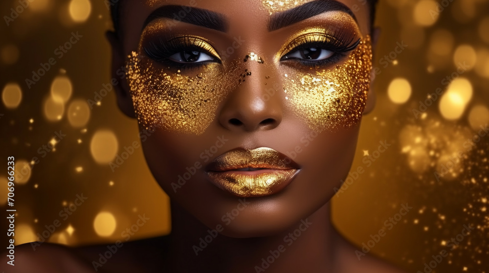 Close up portrait of beautiful african woman with creative gold make up and turban Close up portrait of beautiful african woman with creative gold make up and turban