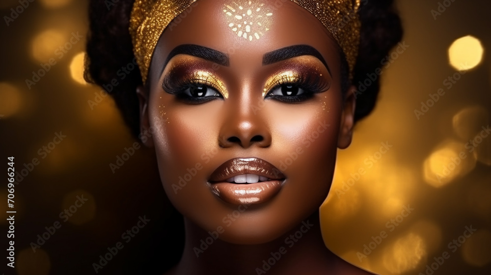 Close up portrait of beautiful african woman with creative gold make up and turban Close up portrait of beautiful african woman with creative gold make up and turban