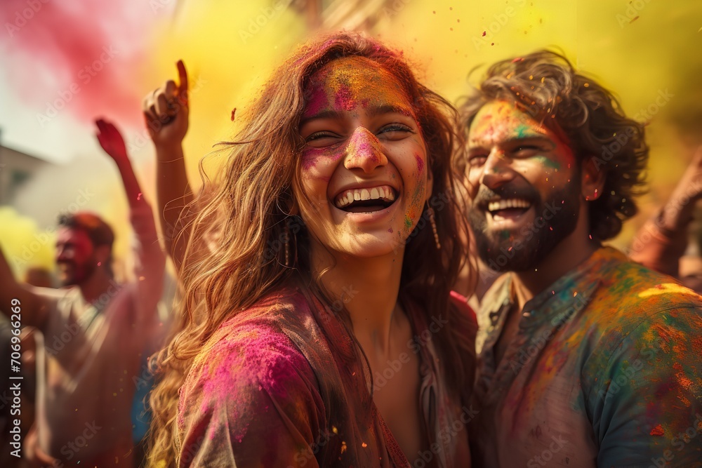 Young women paint happy faces and soil in the joy of Holi, generative ai Young women paint happy faces and soil in the joy of Holi, generative ai