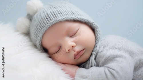 Close-up of an acute newborn sleeping baby wearing a knitted hat on a blue background. Studio professional portrait. New life, family and children concepts, copy space.