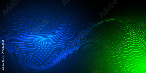 Abstract futuristic blue and green wave with moving dots background. Flow of particles with glitch effect. Ideal vector graphics for brochures  flyers  magazines  business cards and banners. Vector.