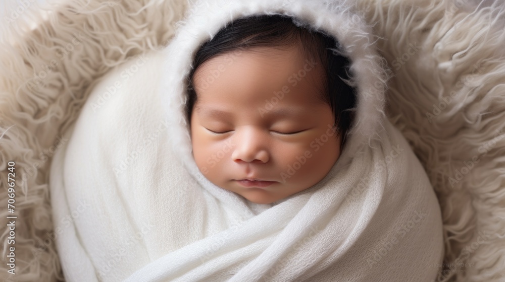 Close-up, Top view of a newborn baby covered with white muslin blanket