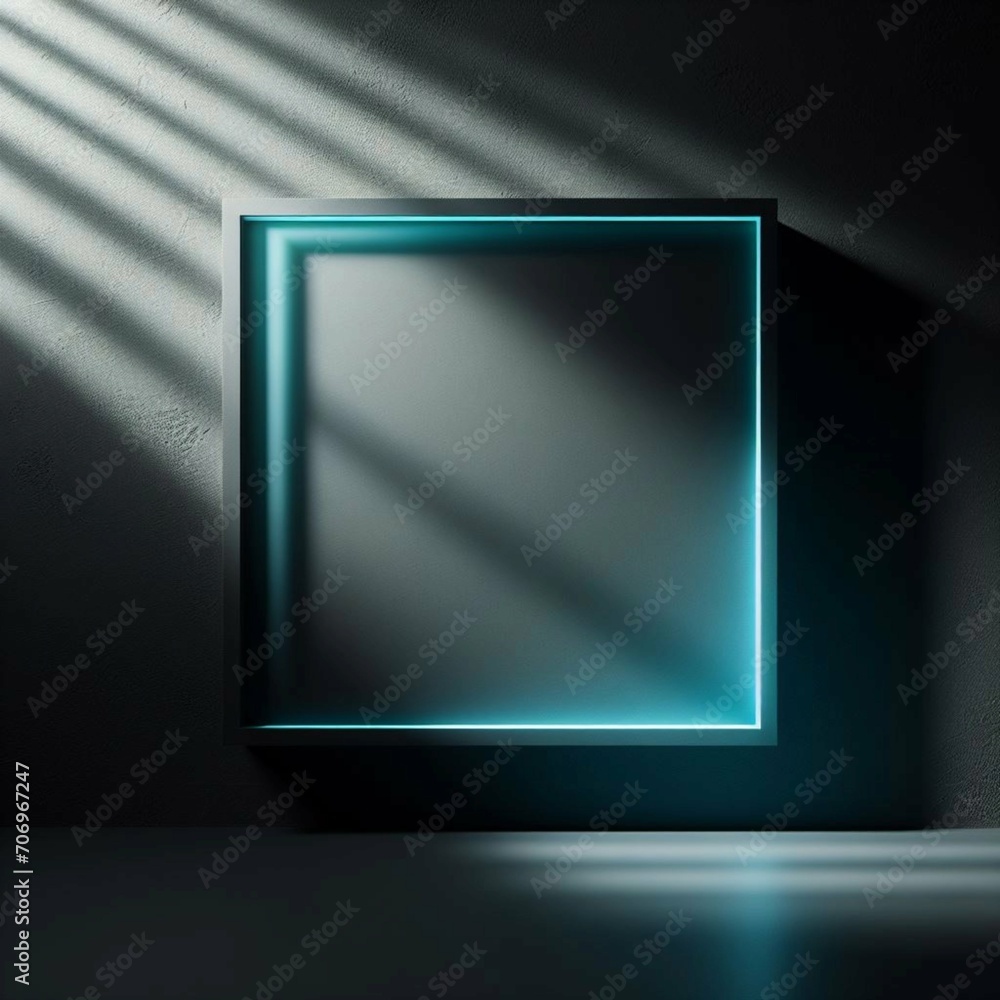 Black teal green blue glow minimal abstract background for product presentation, shadow and light from windows on plaster wall