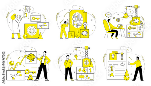 Business thinking vector illustration. Motivation fuels engine business thinking, propelling it towards success The tapestry success is woven from threads contemplation and business thinking