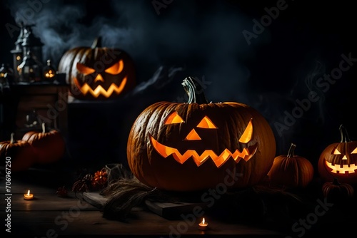 An eerily realistic Jack-O-Lantern with an intricate, menacing grin, surrounded by a hauntingly atmospheric Halloween decor, complete with fog and ominous shadows.