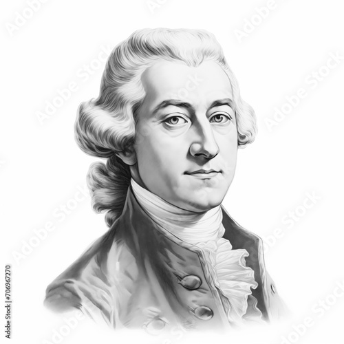 Black and white vintage engraving, headshot portrait of Thomas Gainsborough, the famous English portrait and landscape painter, draughtsman and printmaker, white background, greyscale - Generative AI