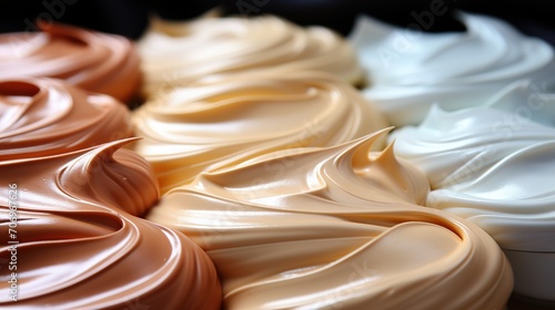 Close-up of texture of creamy ice cream of different flavours, gelato background. Generative AI