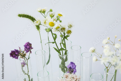 Test tubes and flowers, Herbal medicine, concept of herbal medicine research