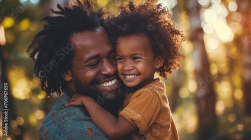 Father, bonding kiss and boy child hug happy in nature with quality time together outdoor.