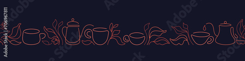 Tea cup, line leaf. Vector outline graphic pattern
