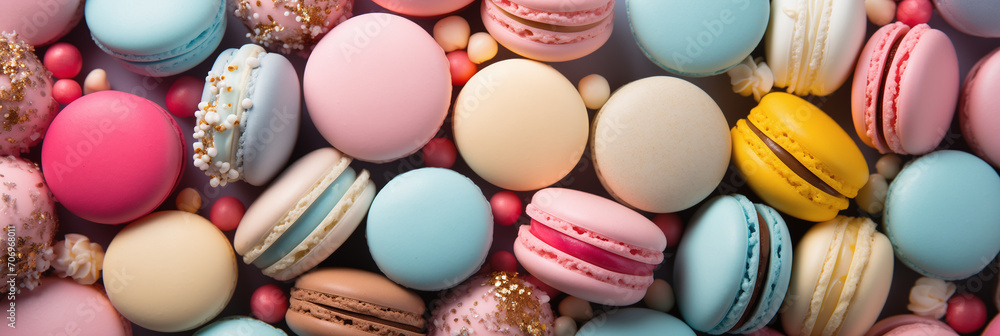 Colorful french desserts with sweets, top view, flat lay. Cake macaroons on plain background, colorful almond cookies, pastel colors. Banner. Flat lay, top view Colorful french desserts with sweets, top view, flat lay. Cake macaroons on plain background, colorful almond cookies, pastel colors. Banner. Flat lay, top view