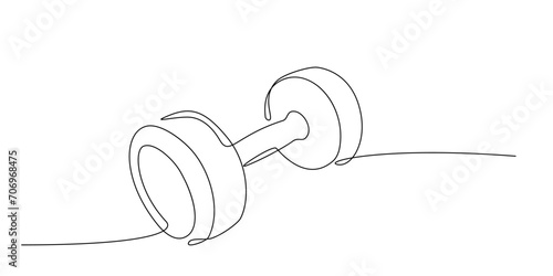 Drawing of dumbbell in continuous single line style. Sport equipment in linear style. Outline symbol for design of poster, banner. Sport, workout, wellness. Editable stroke. Vector doodle illustration photo