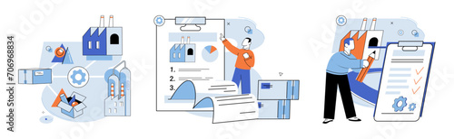 Quality control. Vector illustration. The review manufacturing process helps identify areas for improvement The examination product ensures it meets desired quality criteria Risk assessment