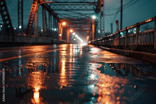 Capture the Cinematic Beauty of a Desolate Bridge in the Night Rain, Void of Human Presence, Evoking Mystery and Solitude