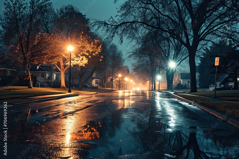 Capture the Cinematic Beauty of a Suburban Street Drenched in Night Rain, Blending Suburbia with Enchanting Atmosphere