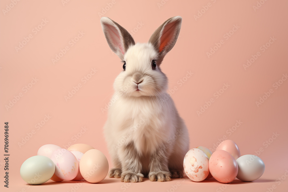 Obraz premium cute and endearing bunny with easter eggs on the sides, on a plain peach pink background