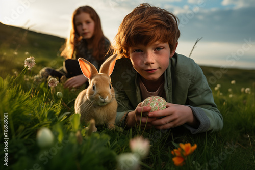 close-up of a red-haired and freckled boy with an Easter egg, a cute cream-colored rabbit and a girl in the background, on the grass outdoors #706969801