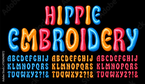 A set of three colorful alphabets in the style of 1960s and 1970s groovy embroidery letters used to decorate clothing.