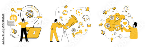Business thinking vector illustration. Business thinking metaphorically dances with creativity in ballet innovation Intelligence and analysis are guiding stars in galaxy business thinking