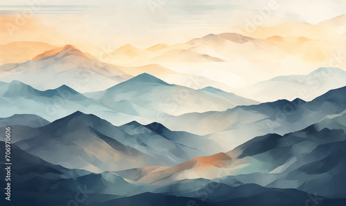 Watercolor painting of mountain shapes at dusk / sunrise / sunset pastel colors background backdrop  photo
