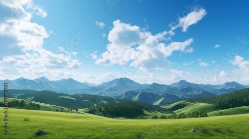 A breathtaking panoramic landscape showcasing rolling hills covered in fresh green grass, a vast blue sky above with wispy clouds, and a dramatic mountain range in the distance.