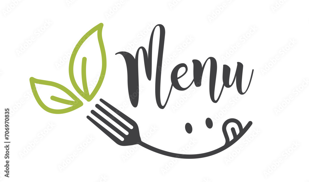 Obraz premium Cooking, cuisine logo with smile, eyes, fork and two green leaves.