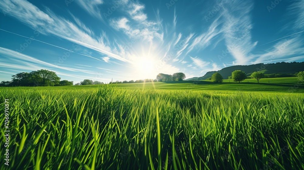 A breathtaking view of a neatly trimmed green meadow, the blades of grass reflecting the sunlight, set against a sky of deep blue with wispy clouds, embodying the beauty of summer. A breathtaking view of a neatly trimmed green meadow, the blades of grass reflecting the sunlight, set against a sky of deep blue with wispy clouds, embodying the beauty of summer.