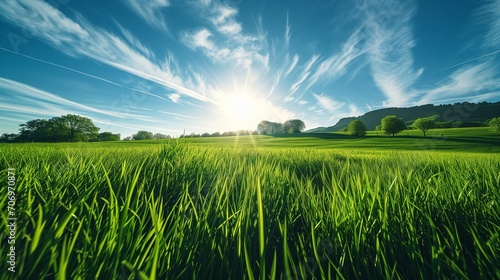 A breathtaking view of a neatly trimmed green meadow  the blades of grass reflecting the sunlight  set against a sky of deep blue with wispy clouds  embodying the beauty of summer.
