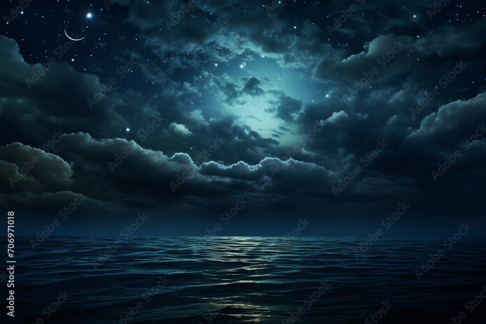 night sky with moon, clouds over the ocean, view of the night sky